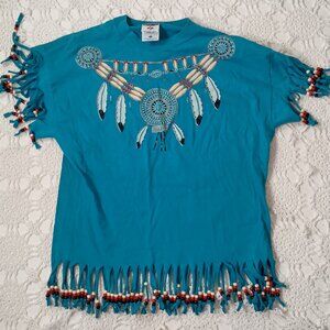 Vtg 90s Jerzees T Shirt Teal Turquoise Bead Fringe Southwestern Large Women USA